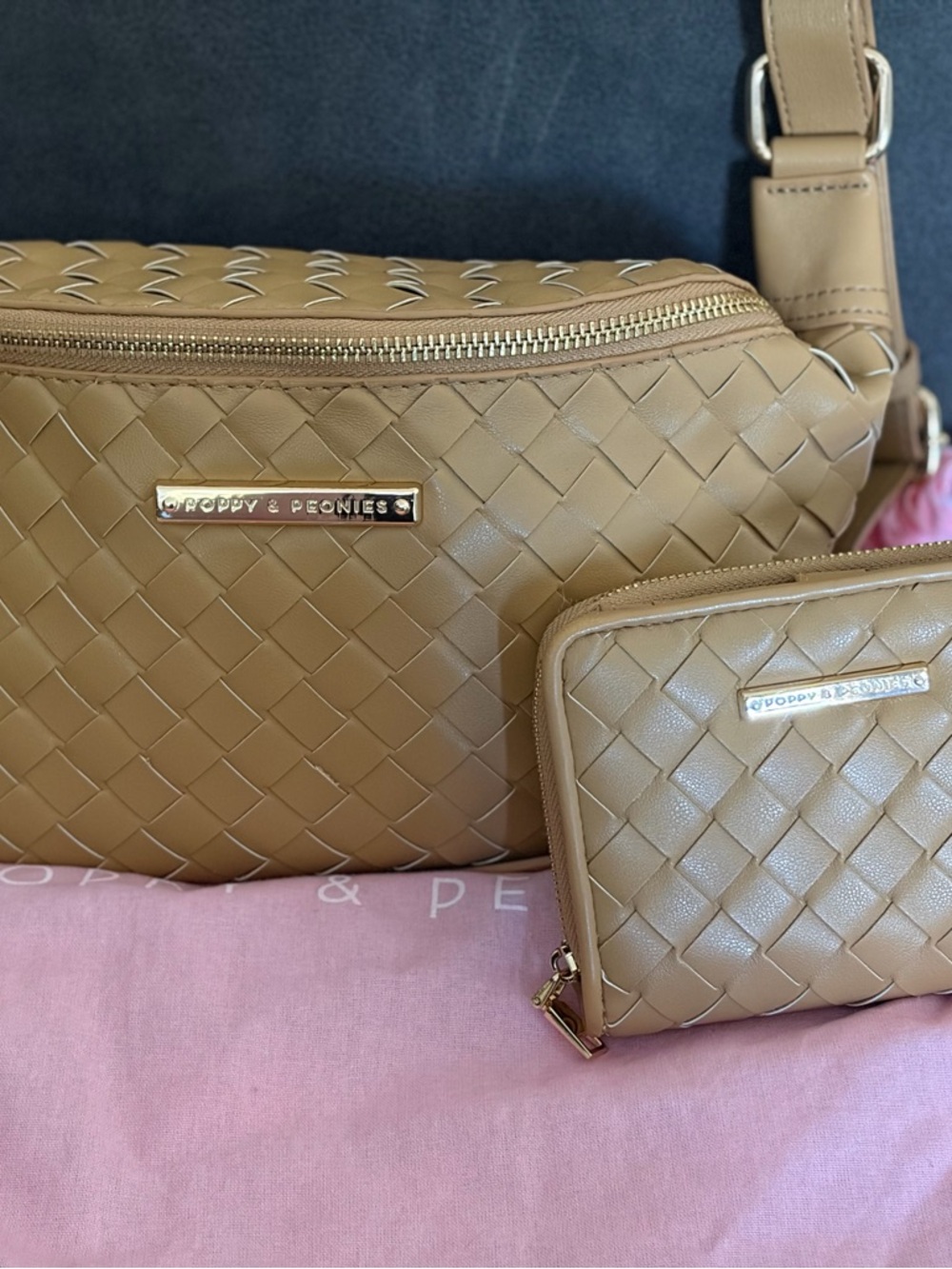 Poppy & Peonies Tan Woven Crossbody Bag with Zip Wallet - Limited Edition